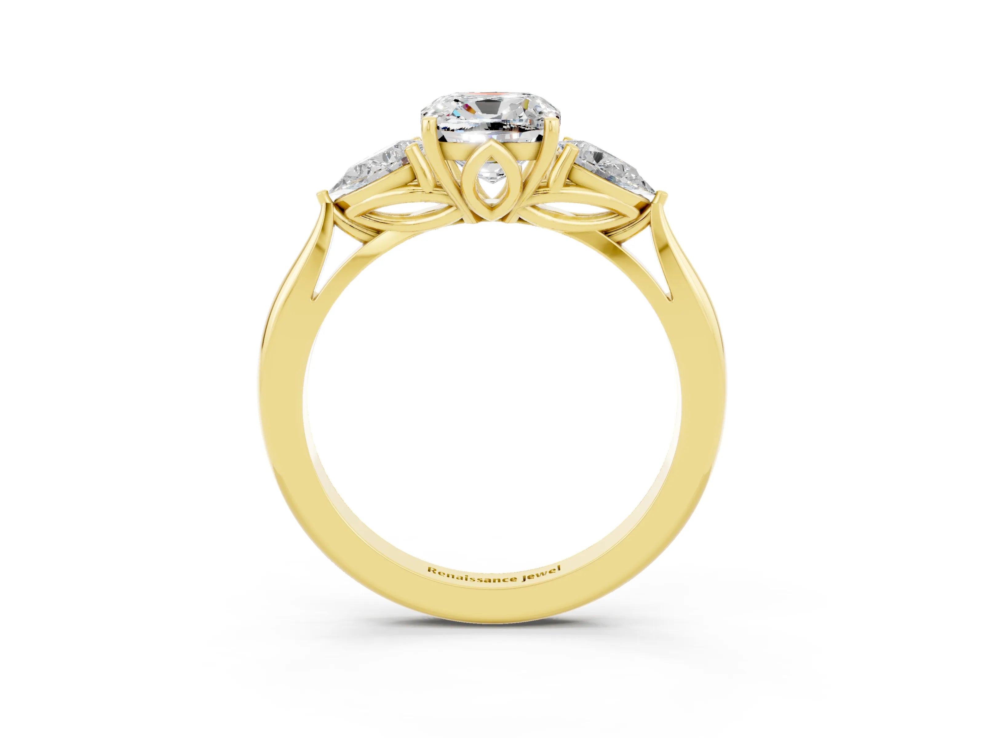 Yellow gold Cushion Cut Moissanite Three-Stone Ring with Pear Side Stones and Four-Prong Setting_15