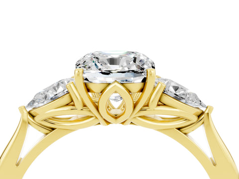 Yellow gold Cushion Cut Moissanite Three-Stone Ring with Pear Side Stones and Four-Prong Setting_16