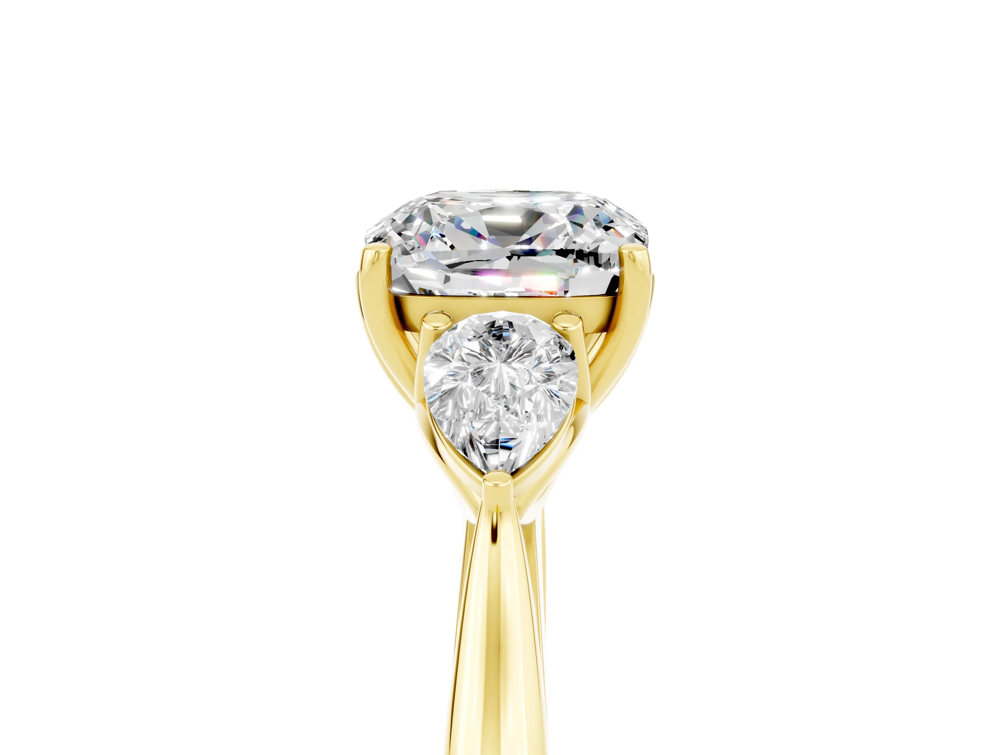 Yellow gold Cushion Cut Moissanite Three-Stone Ring with Pear Side Stones and Four-Prong Setting_17