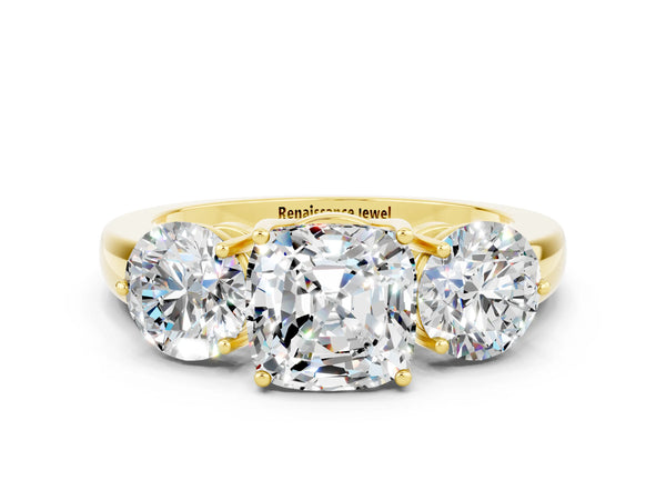 Yellow gold Cushion Cut Moissanite Three-Stone Ring with Prong Setting and Classic Band