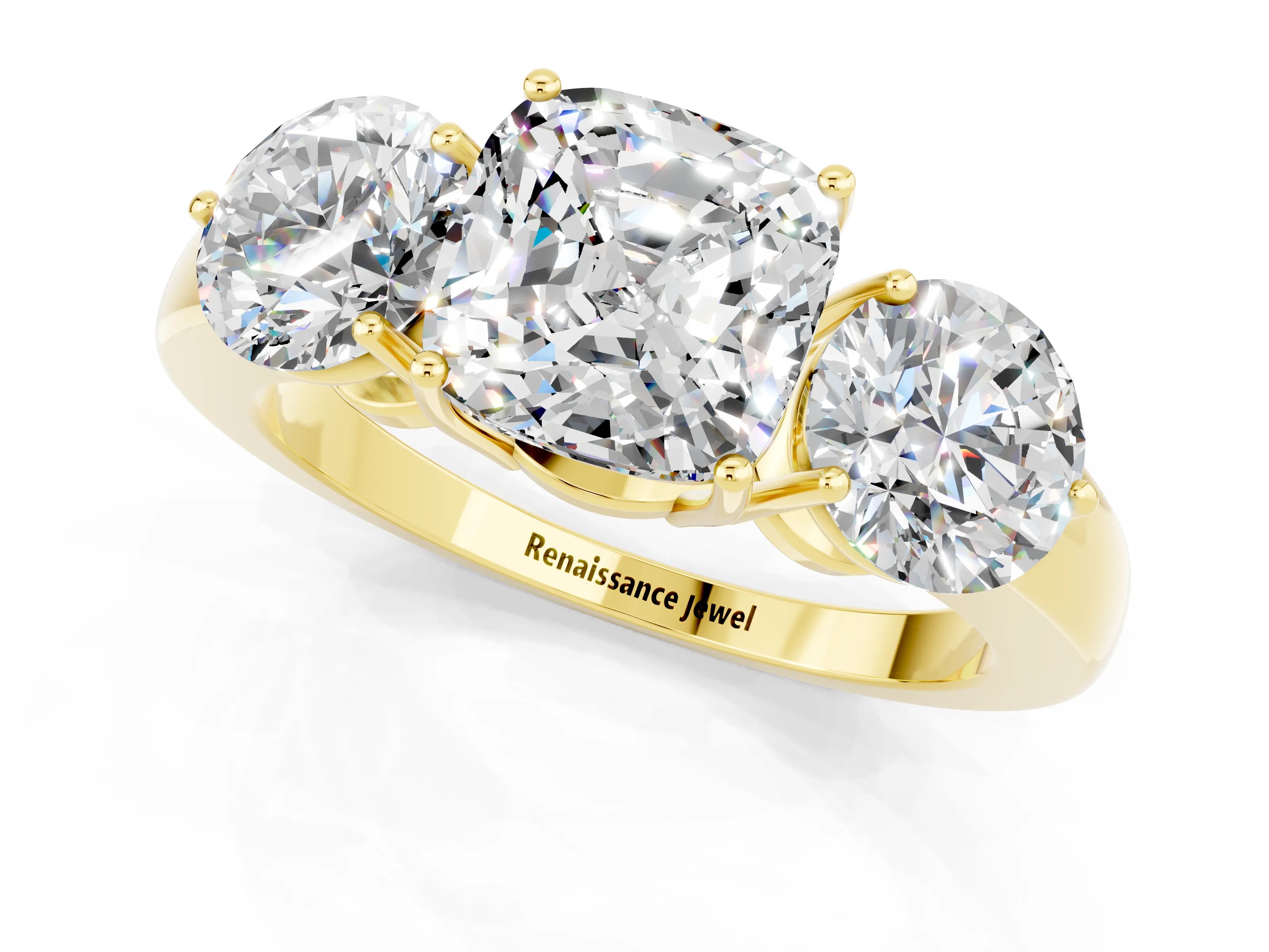 Yellow gold Cushion Cut Moissanite Three-Stone Ring with Prong Setting and Classic Band_1