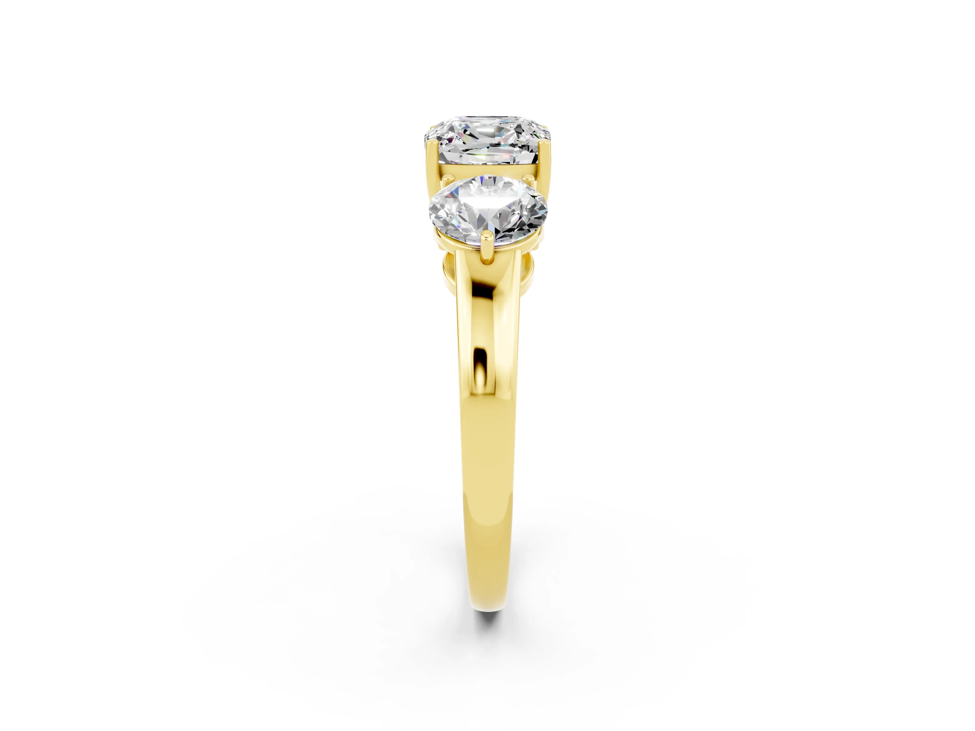 Yellow gold Cushion Cut Moissanite Three-Stone Ring with Prong Setting and Classic Band_2