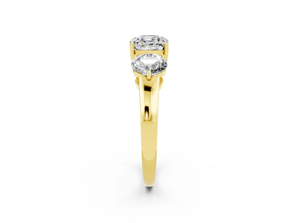 Yellow gold Cushion Cut Moissanite Three-Stone Ring with Prong Setting and Classic Band