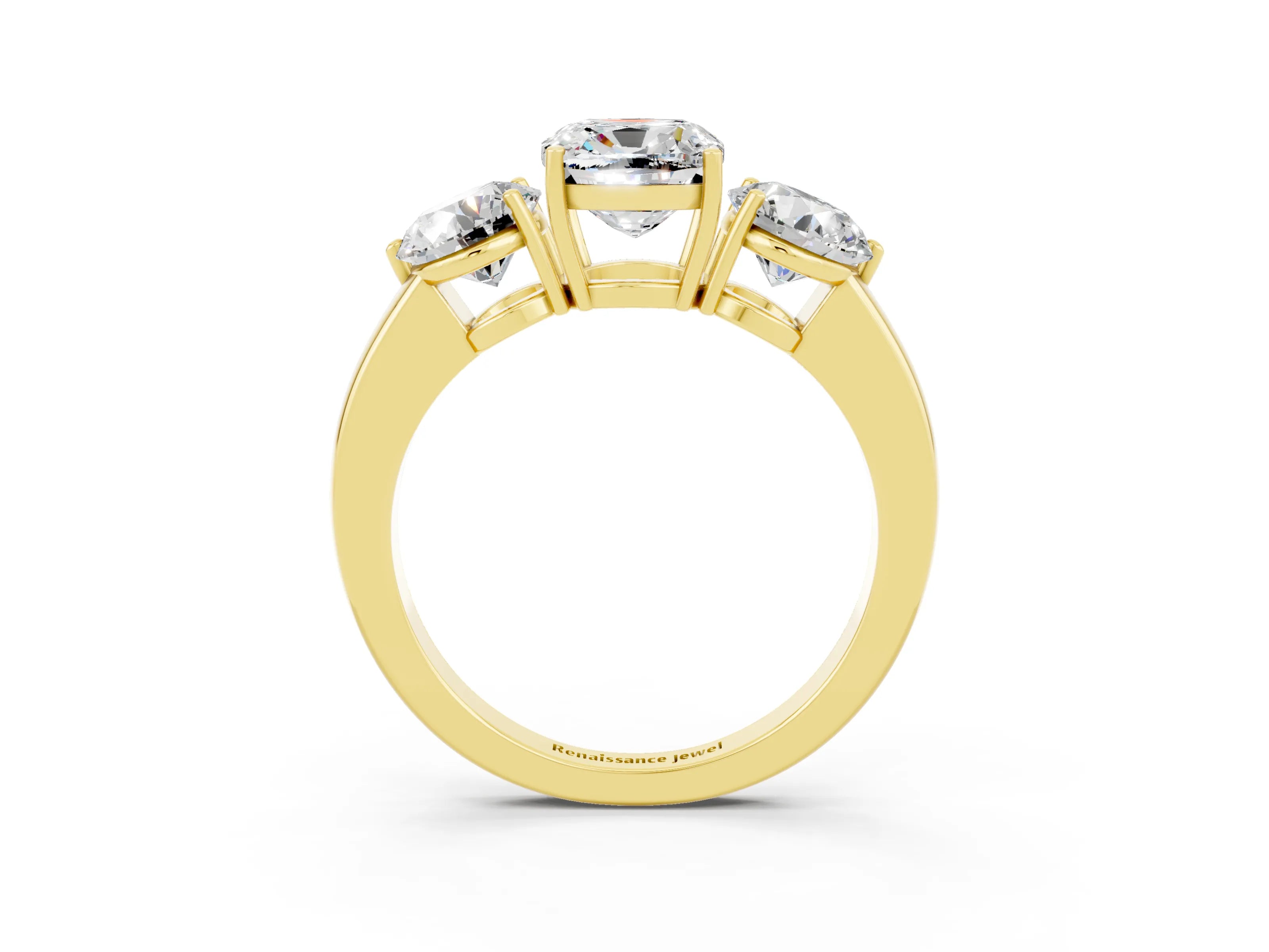 Yellow gold Cushion Cut Moissanite Three-Stone Ring with Prong Setting and Classic Band_3