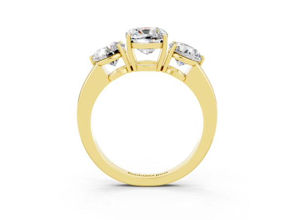 Yellow gold Cushion Cut Moissanite Three-Stone Ring with Prong Setting and Classic Band