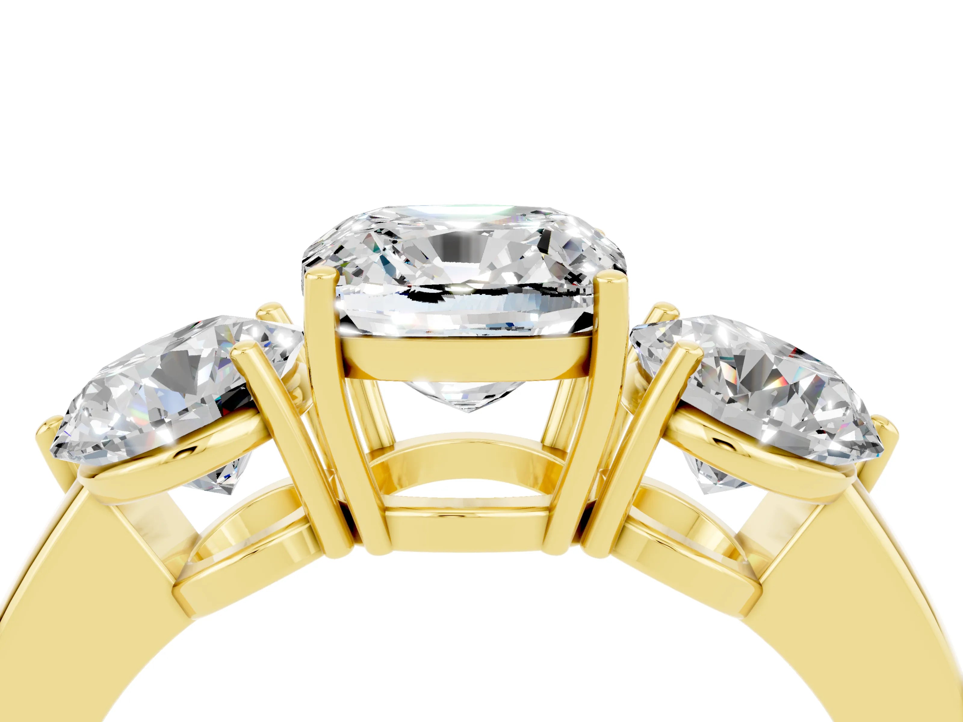 Yellow gold Cushion Cut Moissanite Three-Stone Ring with Prong Setting and Classic Band_4