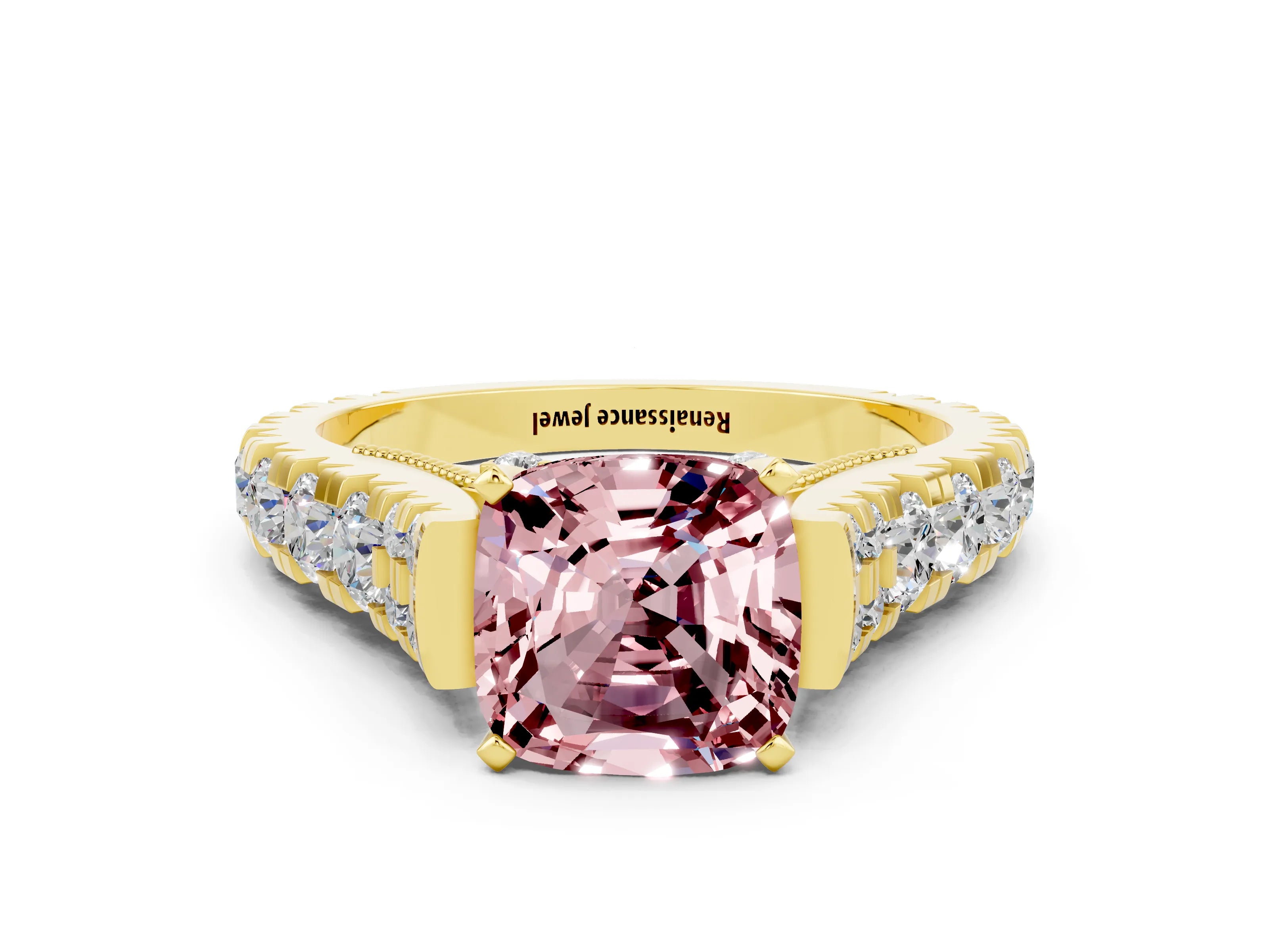 Yellow gold Cushion Cut Morganite Classic Solitaire Ring with Pavé Band and Four-Prong Setting