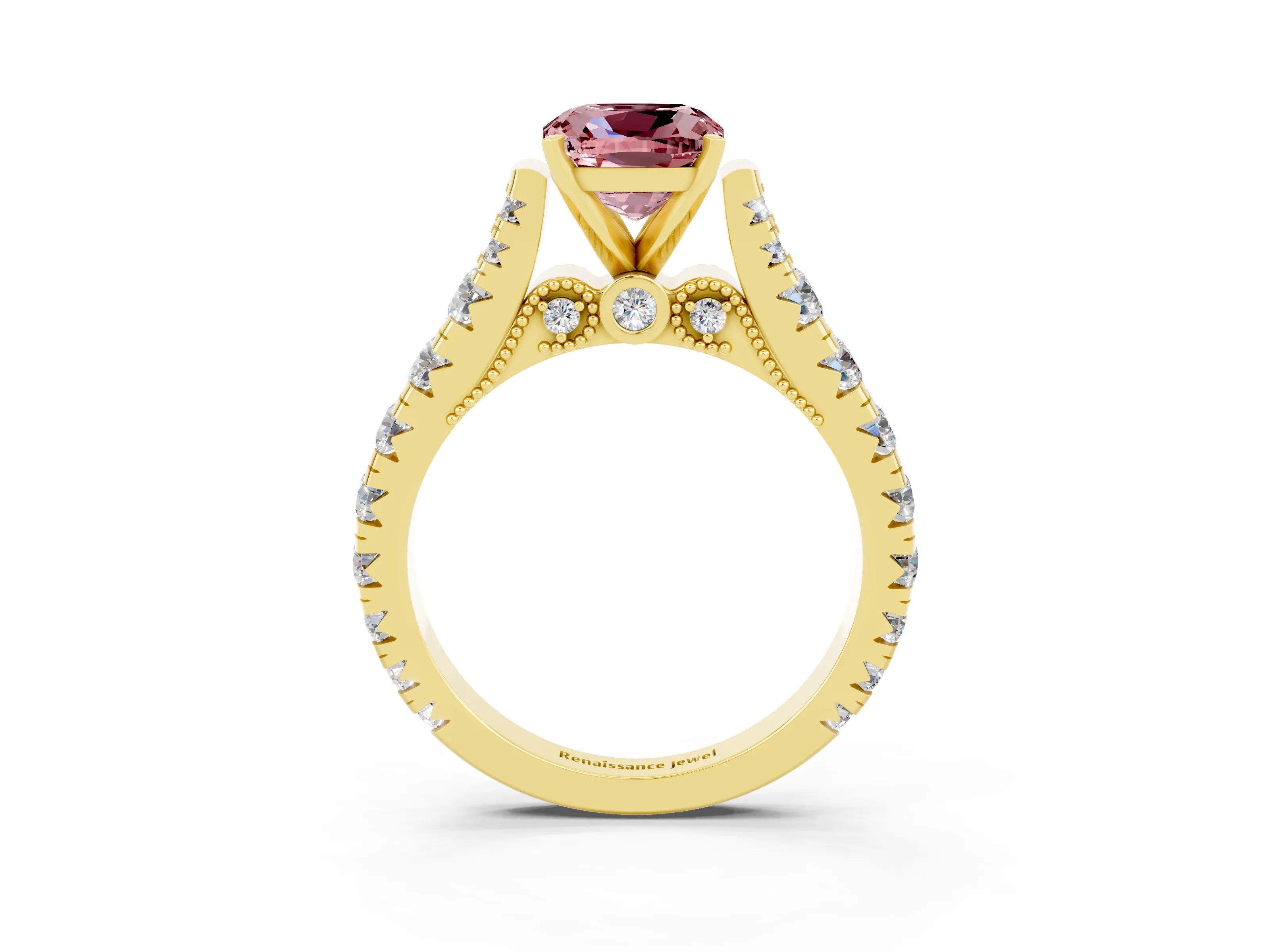 Yellow gold Cushion Cut Morganite Classic Solitaire Ring with Pavé Band and Four-Prong Setting_3