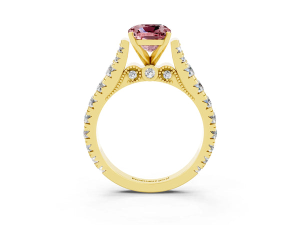 Yellow gold Cushion Cut Morganite Classic Solitaire Ring with Pavé Band and Four-Prong Setting