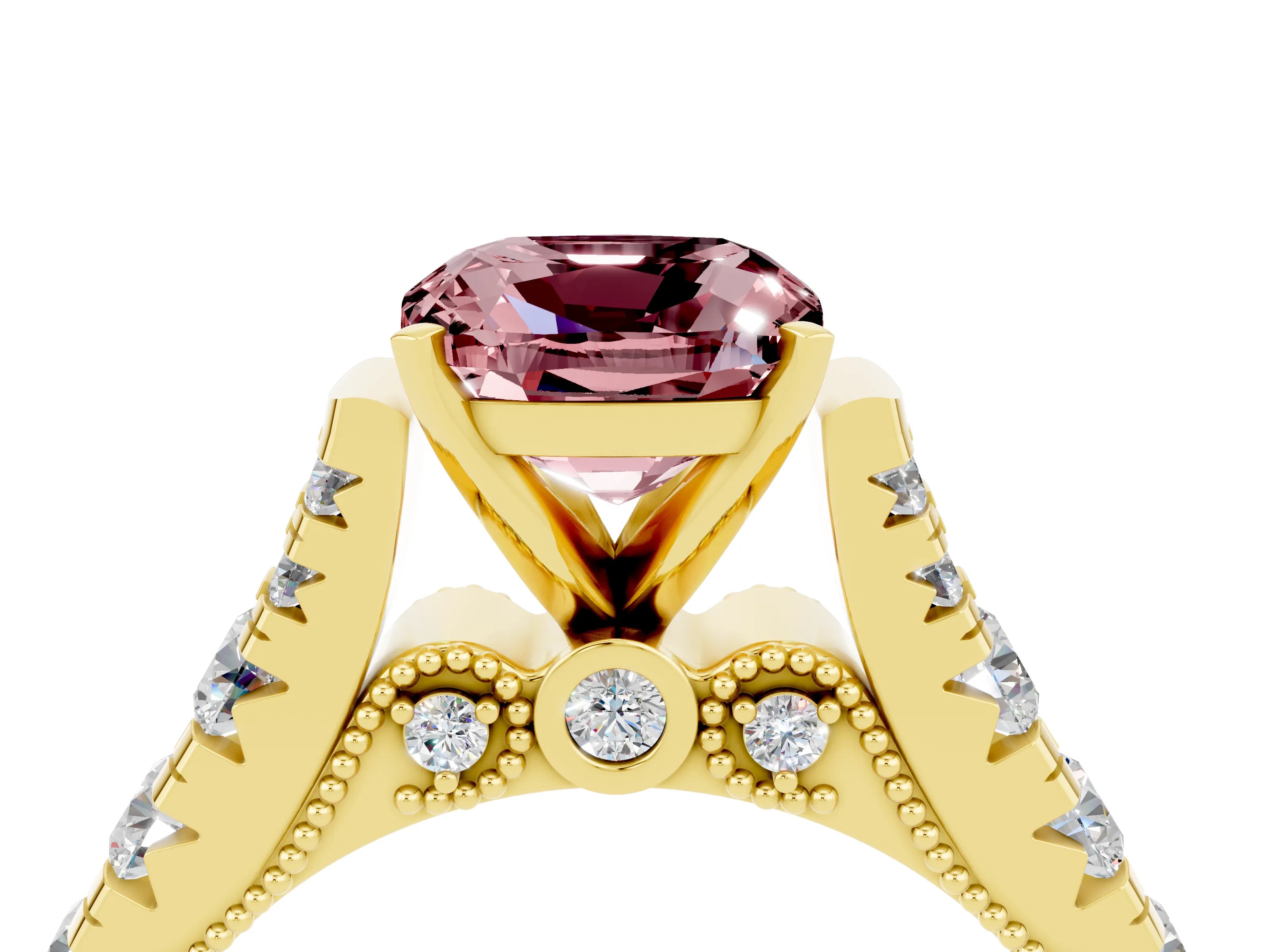 Yellow gold Cushion Cut Morganite Classic Solitaire Ring with Pavé Band and Four-Prong Setting_4