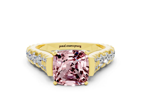 Yellow gold Cushion Cut Morganite Classic Solitaire Ring with Pavé Band and Four-Prong Setting