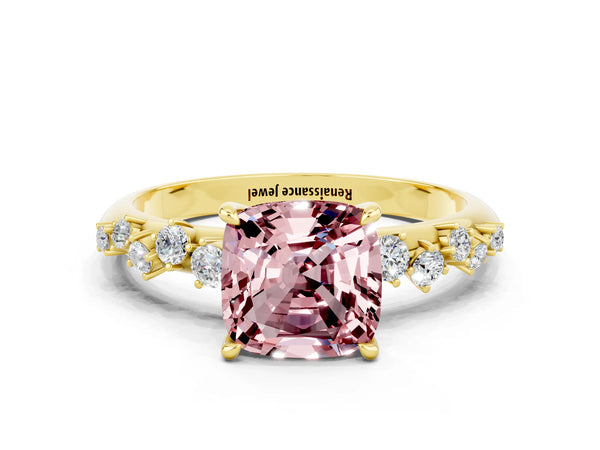 Yellow gold Cushion Cut Morganite Cluster Side Stone Solitaire Ring with Prong Setting