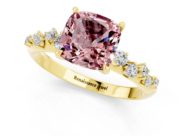 Yellow gold Cushion Cut Morganite Cluster Side Stone Solitaire Ring with Prong Setting