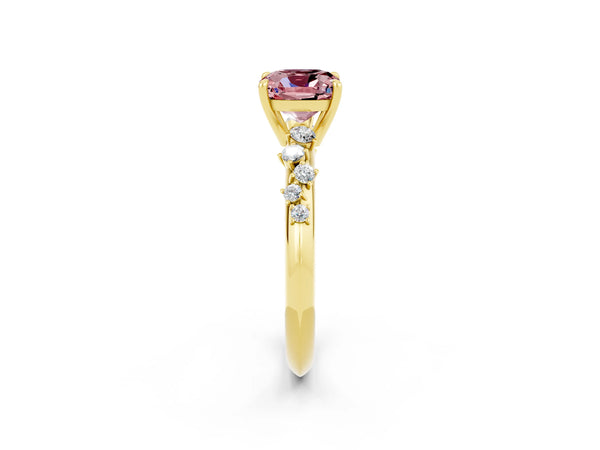 Yellow gold Cushion Cut Morganite Cluster Side Stone Solitaire Ring with Prong Setting