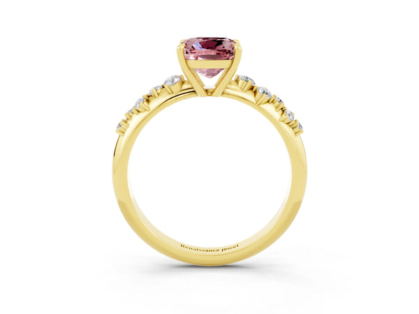 Yellow gold Cushion Cut Morganite Cluster Side Stone Solitaire Ring with Prong Setting