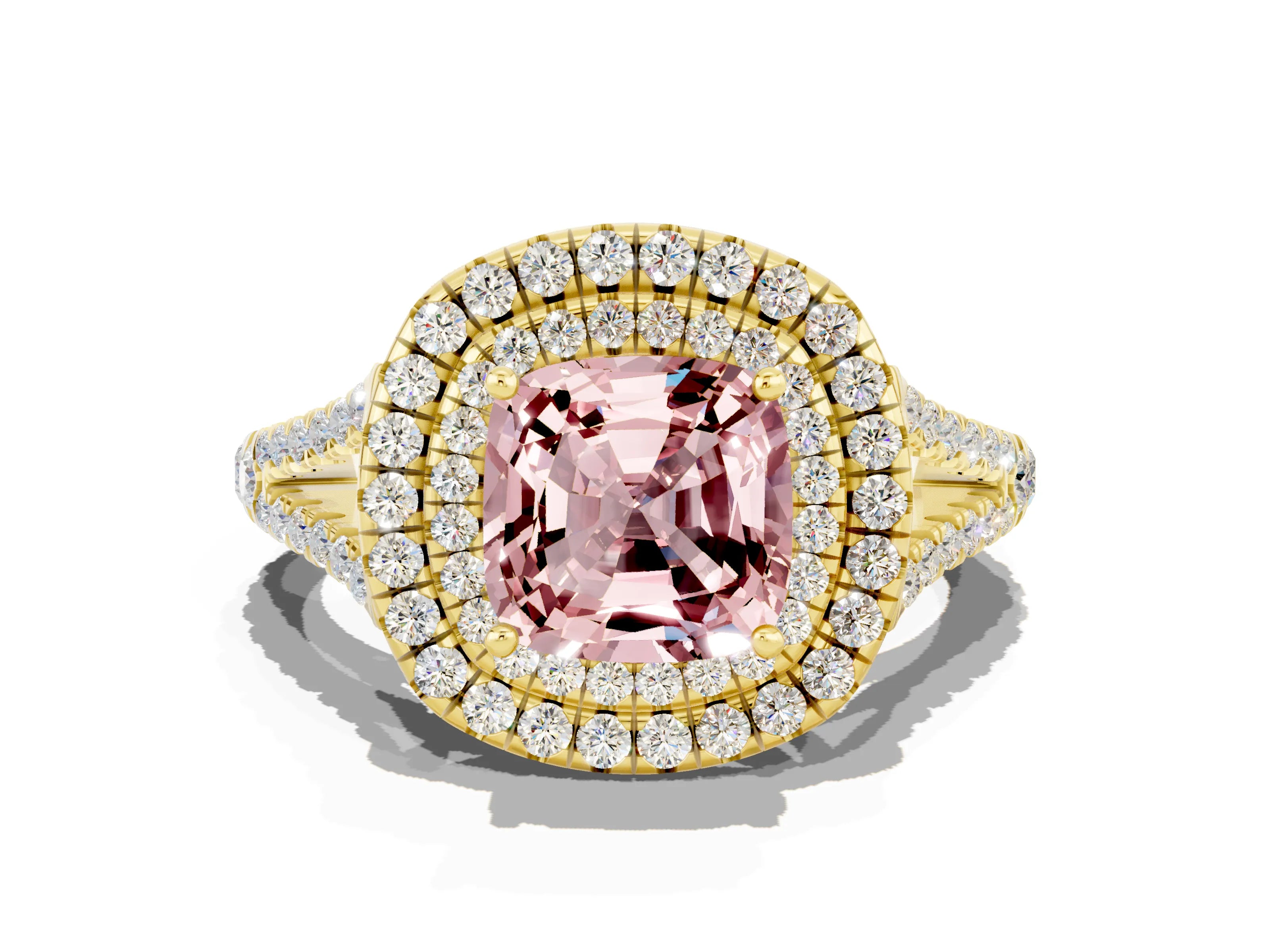 Yellow gold Cushion Cut Morganite Double Halo Ring with Pavé Band and Prong Setting_12