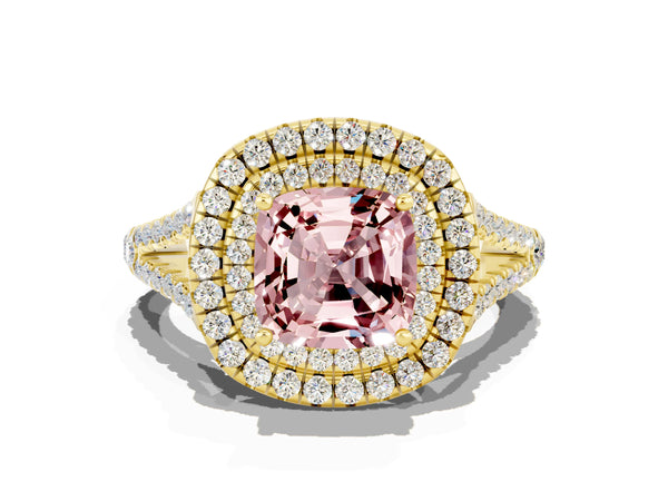 Yellow gold Cushion Cut Morganite Double Halo Ring with Pavé Band and Prong Setting