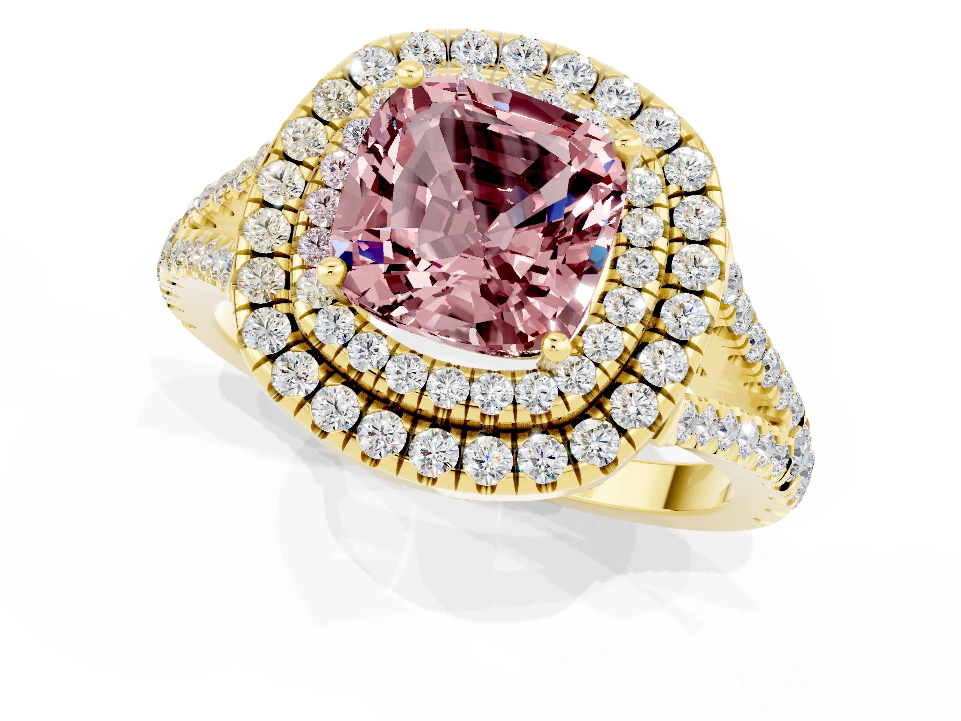Yellow gold Cushion Cut Morganite Double Halo Ring with Pavé Band and Prong Setting_13