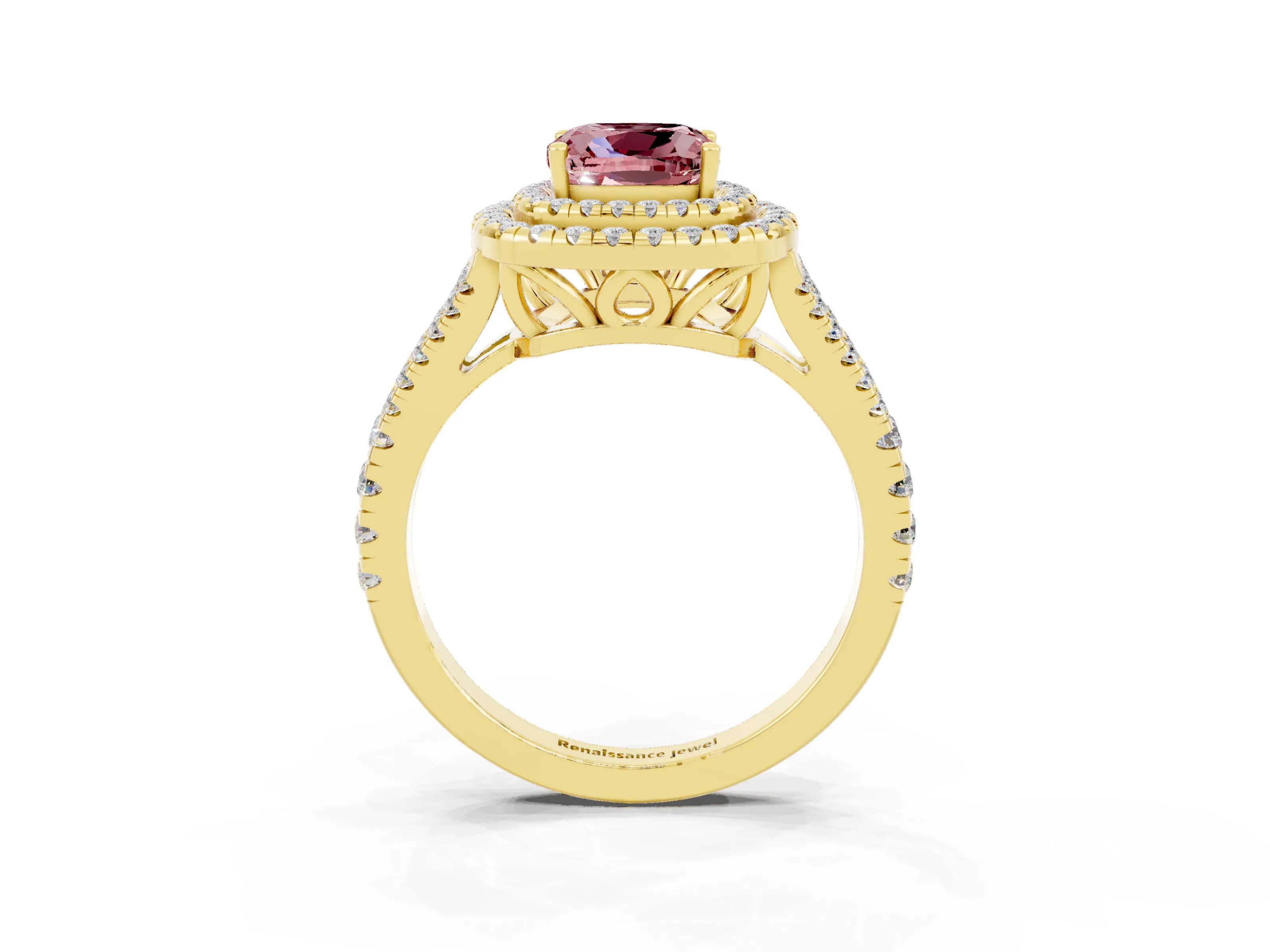 Yellow gold Cushion Cut Morganite Double Halo Ring with Pavé Band and Prong Setting_15