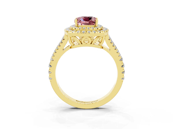 Yellow gold Cushion Cut Morganite Double Halo Ring with Pavé Band and Prong Setting