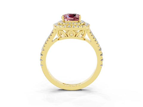 Yellow gold Cushion Cut Morganite Double Halo Ring with Pavé Band and Prong Setting_15