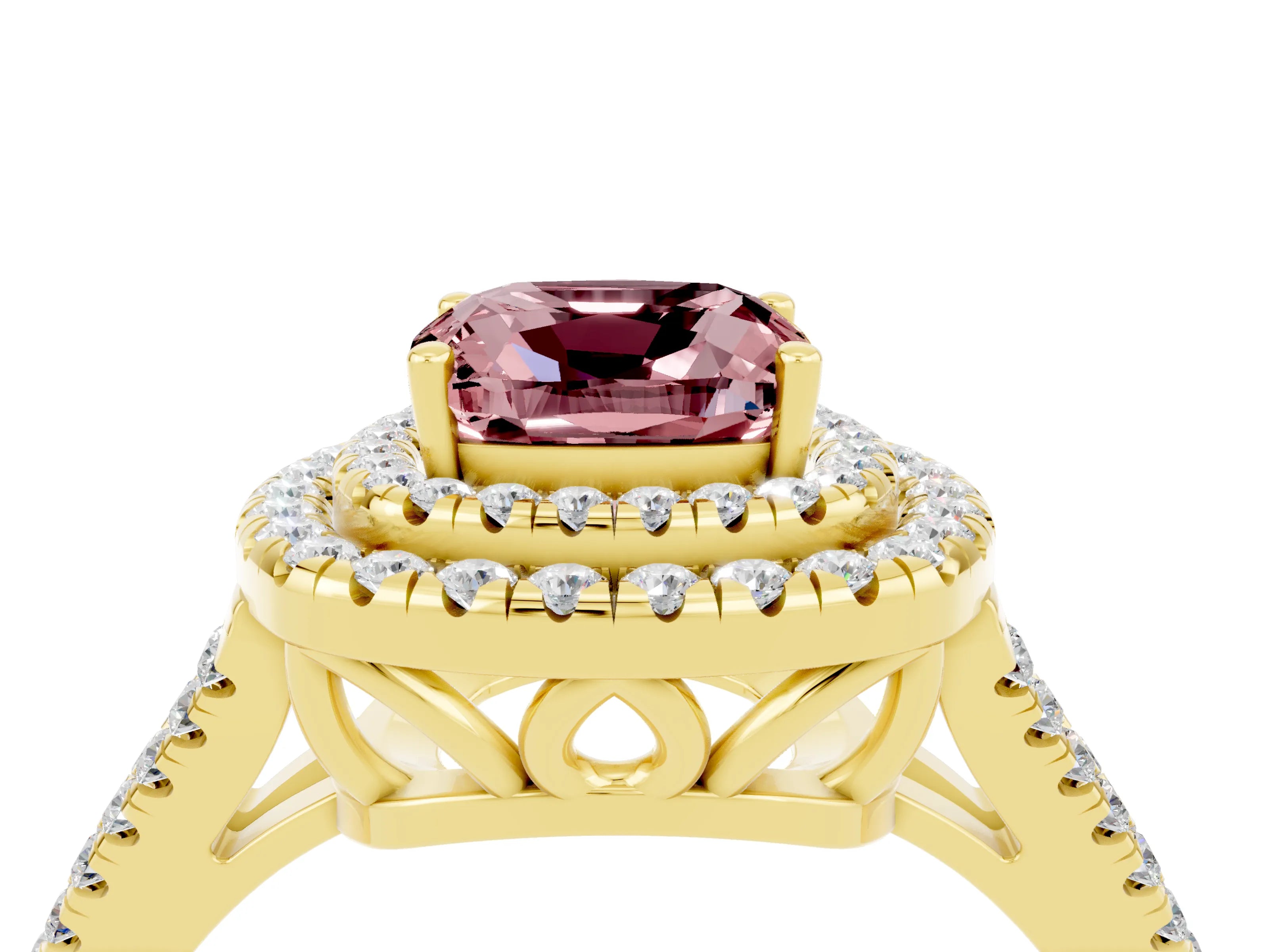 Yellow gold Cushion Cut Morganite Double Halo Ring with Pavé Band and Prong Setting_16