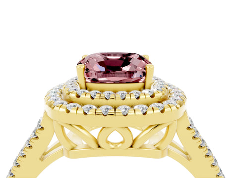 Yellow gold Cushion Cut Morganite Double Halo Ring with Pavé Band and Prong Setting_16