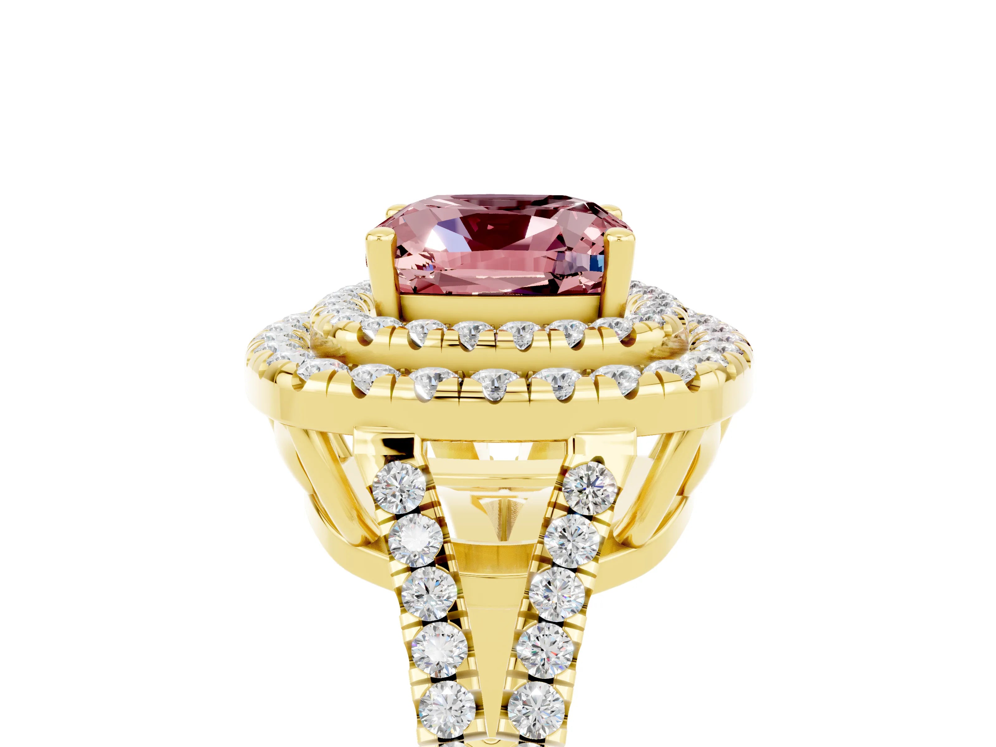Yellow gold Cushion Cut Morganite Double Halo Ring with Pavé Band and Prong Setting_17