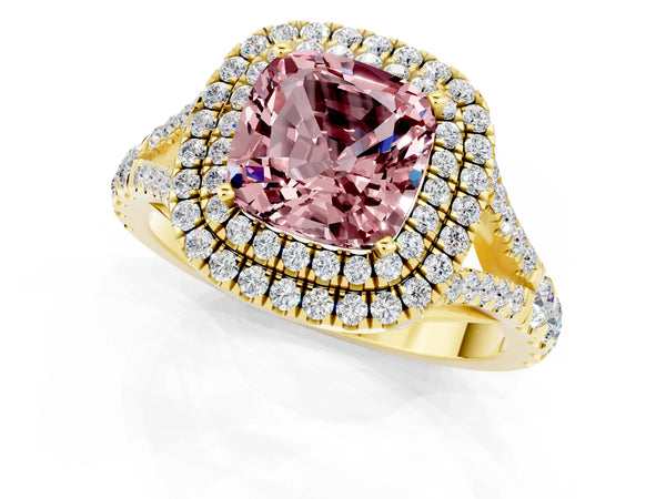 Yellow gold Cushion Cut Morganite Double Halo Ring with Split Shank and Prong Setting