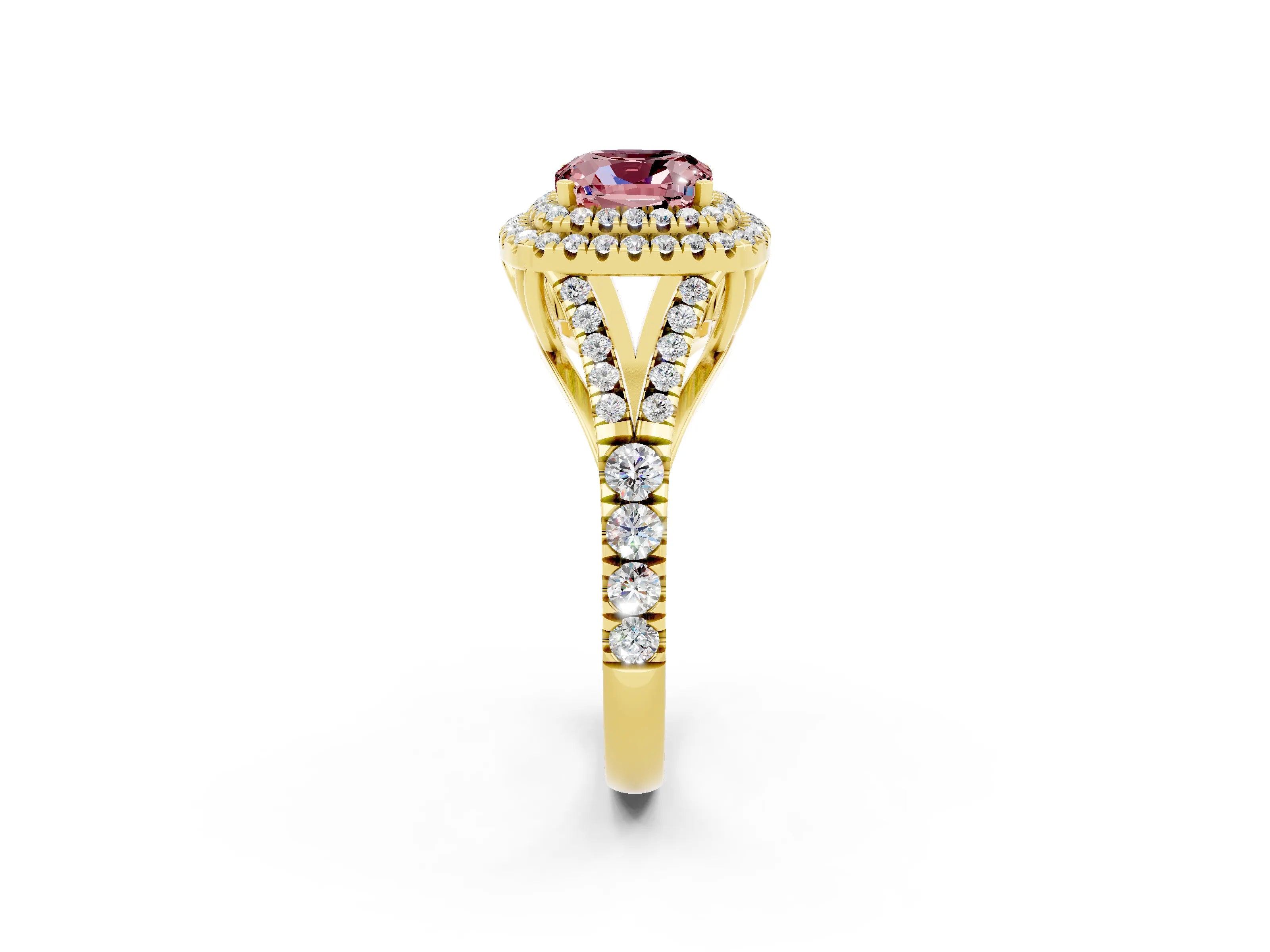 Yellow gold Cushion Cut Morganite Double Halo Ring with Split Shank and Prong Setting_14