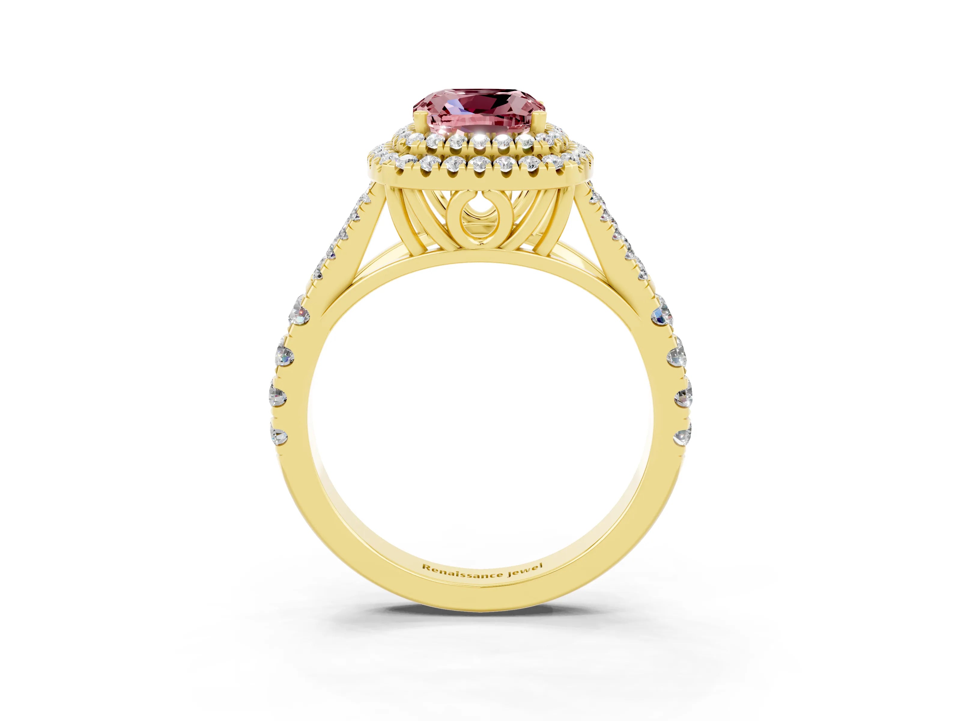 Yellow gold Cushion Cut Morganite Double Halo Ring with Split Shank and Prong Setting_15
