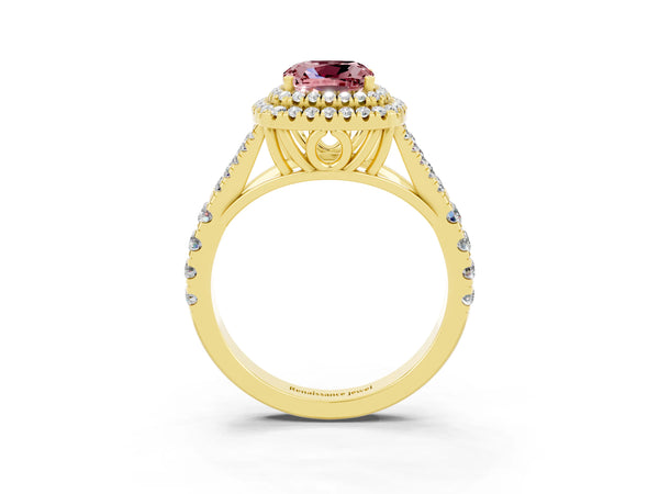 Yellow gold Cushion Cut Morganite Double Halo Ring with Split Shank and Prong Setting