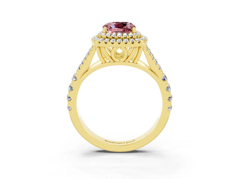 Yellow gold Cushion Cut Morganite Double Halo Ring with Split Shank and Prong Setting_15