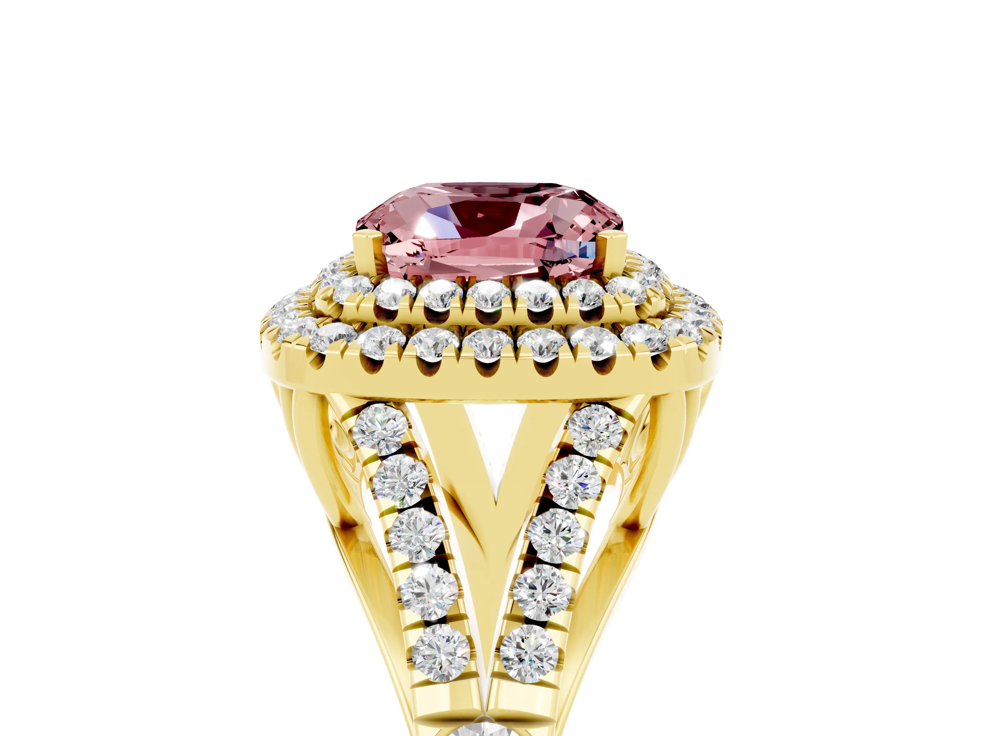 Yellow gold Cushion Cut Morganite Double Halo Ring with Split Shank and Prong Setting_17