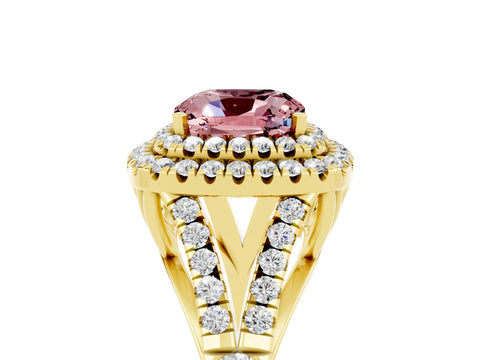 Yellow gold Cushion Cut Morganite Double Halo Ring with Split Shank and Prong Setting_17