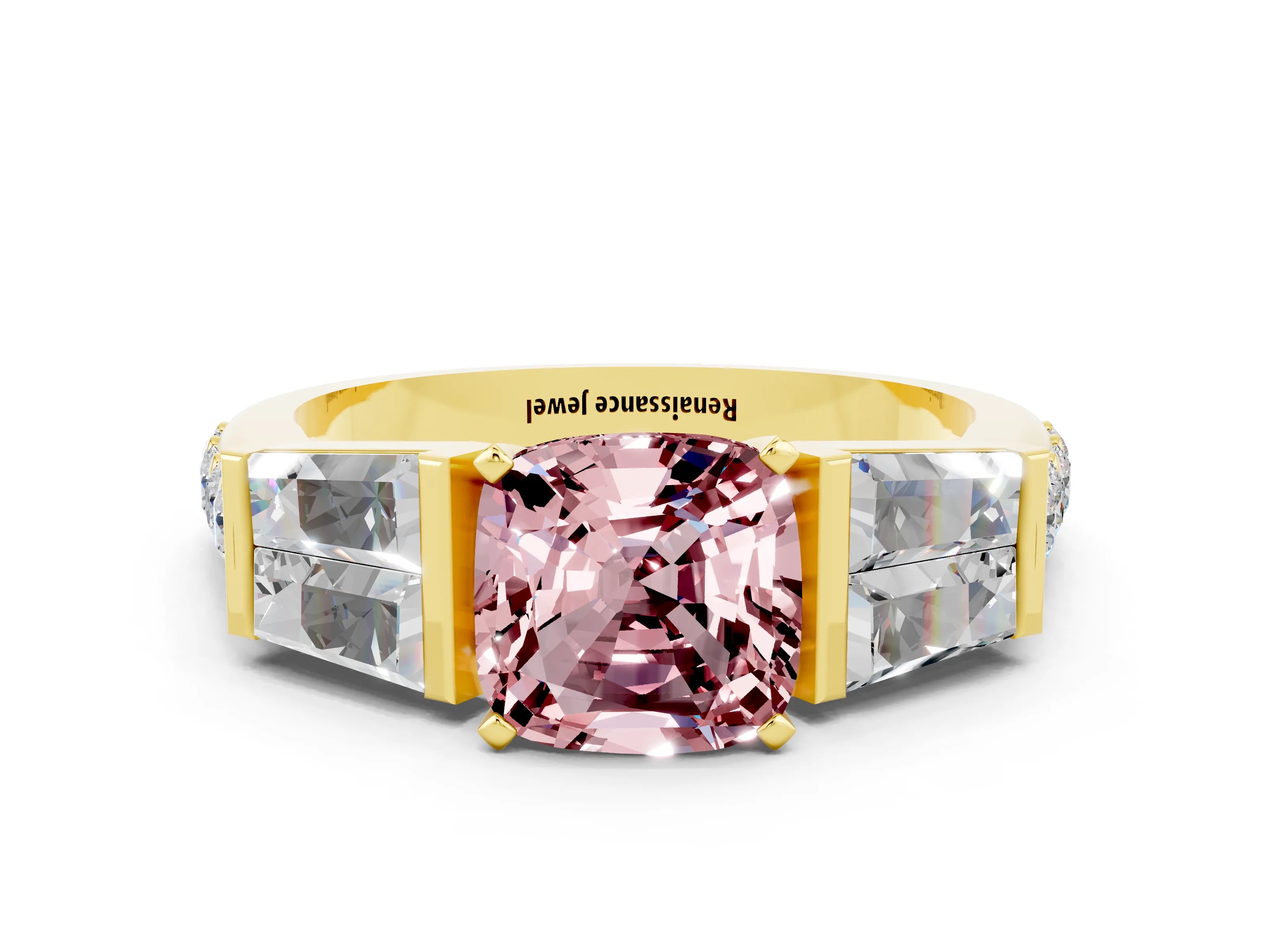 Yellow gold Cushion Cut Morganite Engagement Ring with Baguette Side Stones and Channel Set Band