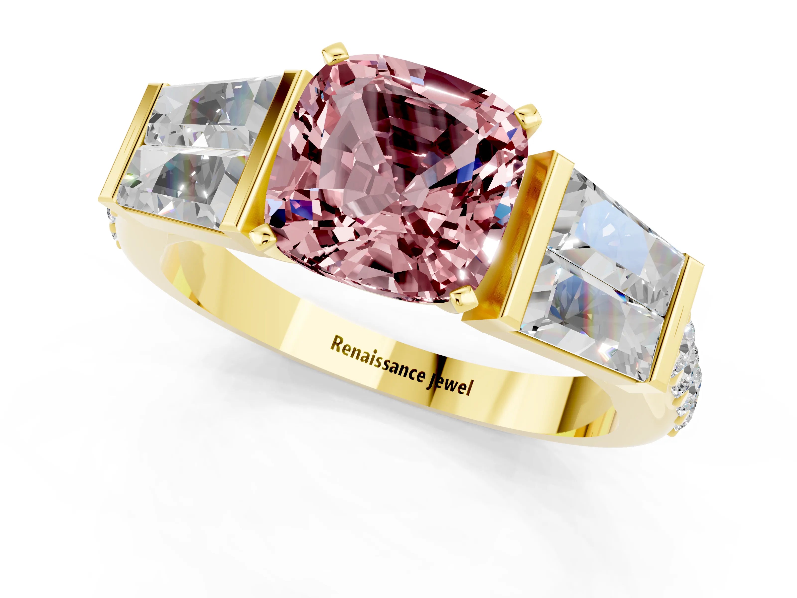 Yellow gold Cushion Cut Morganite Engagement Ring with Baguette Side Stones and Channel Set Band_1