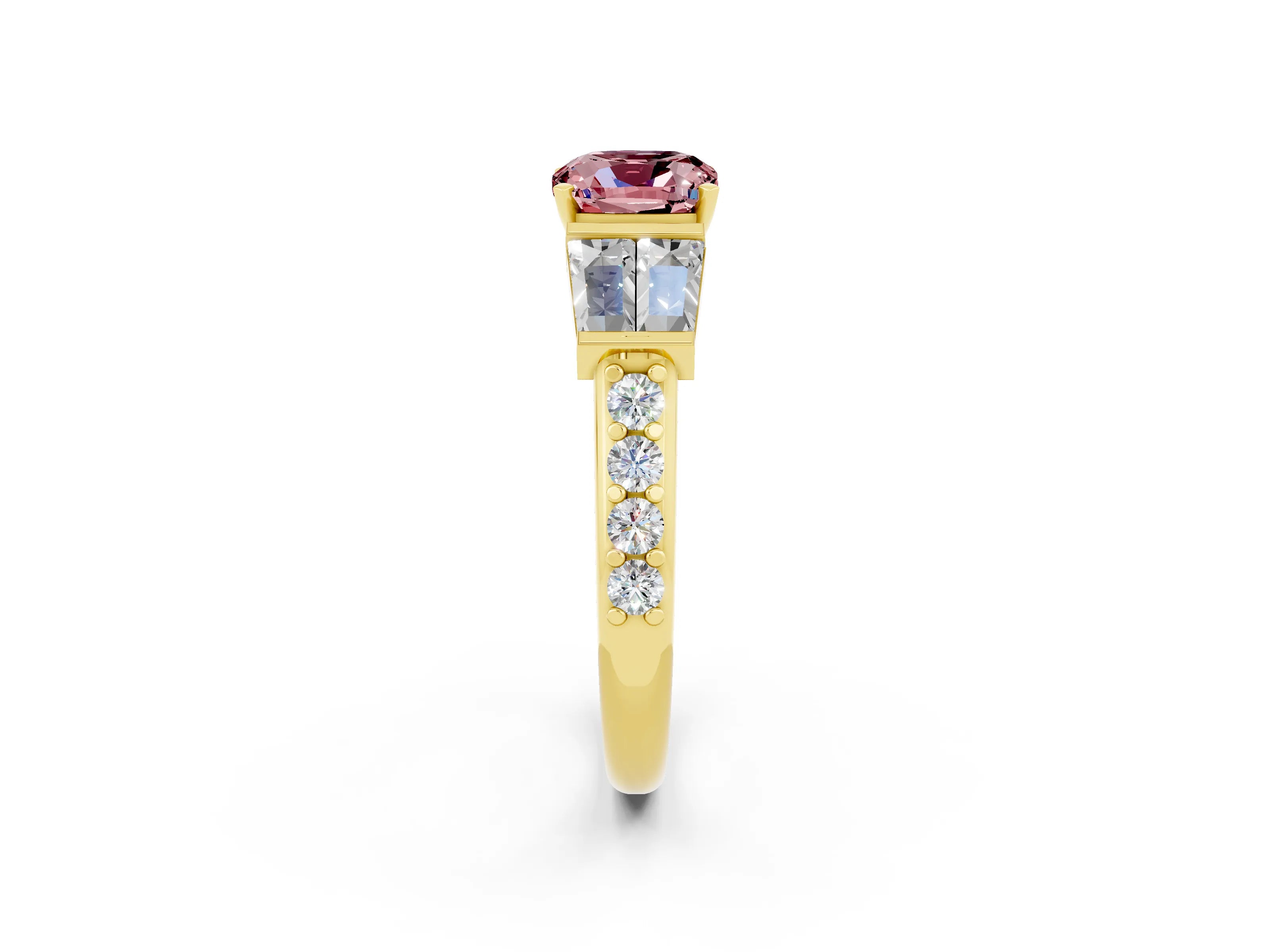 Yellow gold Cushion Cut Morganite Engagement Ring with Baguette Side Stones and Channel Set Band_2