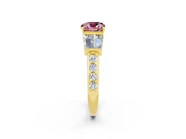 Yellow gold Cushion Cut Morganite Engagement Ring with Baguette Side Stones and Channel Set Band