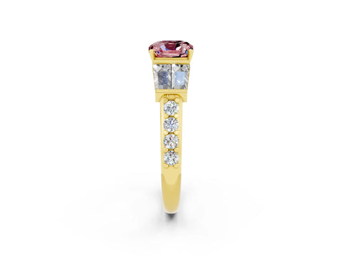 Yellow gold Cushion Cut Morganite Engagement Ring with Baguette Side Stones and Channel Set Band_2