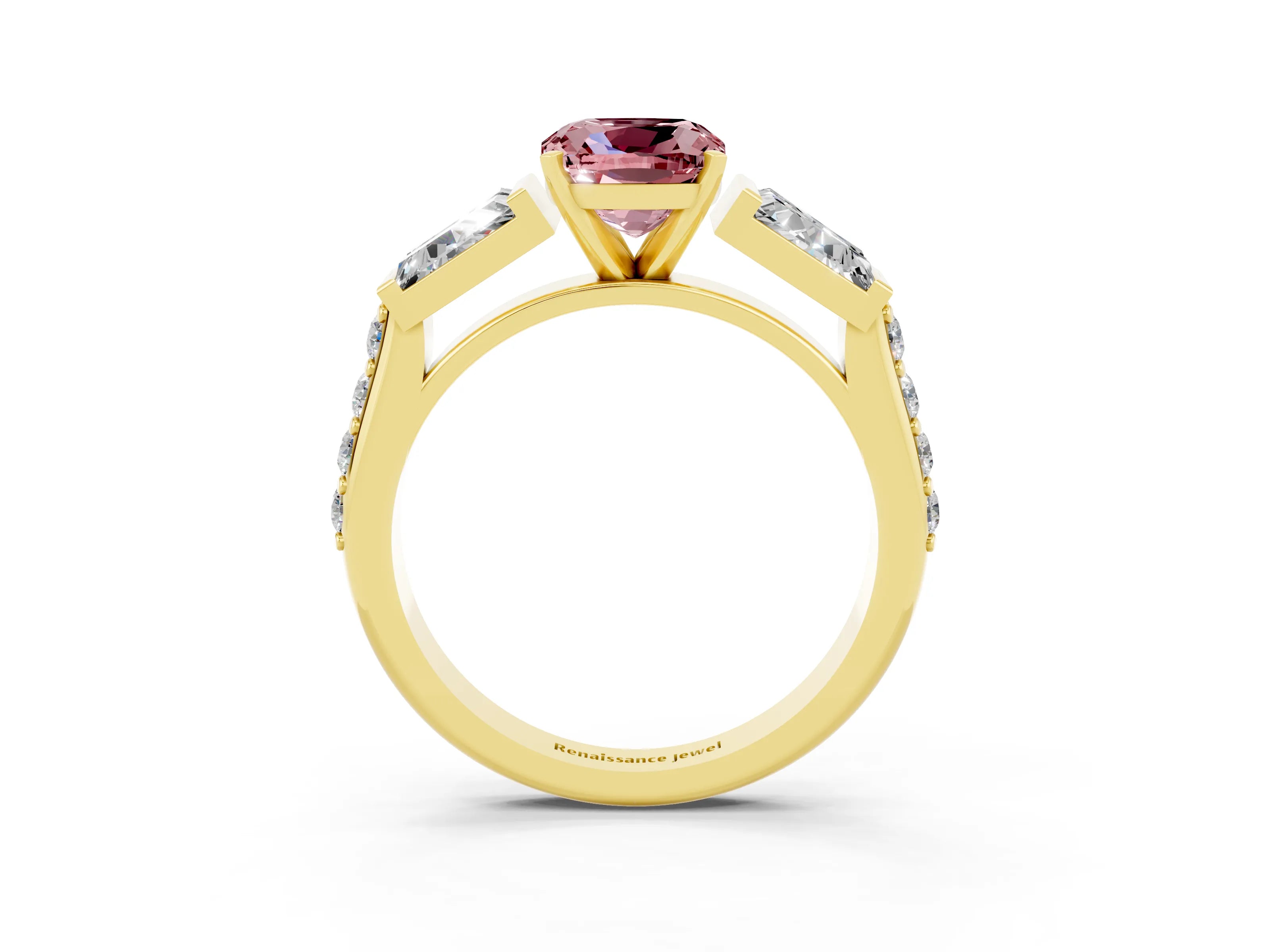 Yellow gold Cushion Cut Morganite Engagement Ring with Baguette Side Stones and Channel Set Band_3