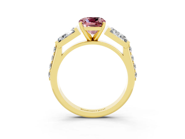 Yellow gold Cushion Cut Morganite Engagement Ring with Baguette Side Stones and Channel Set Band