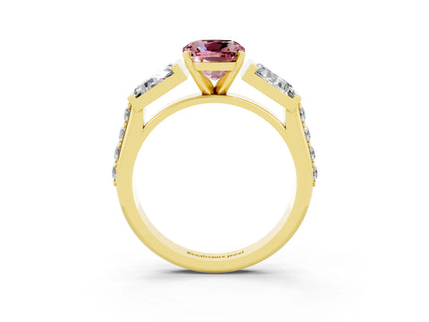 Yellow gold Cushion Cut Morganite Engagement Ring with Baguette Side Stones and Channel Set Band_3
