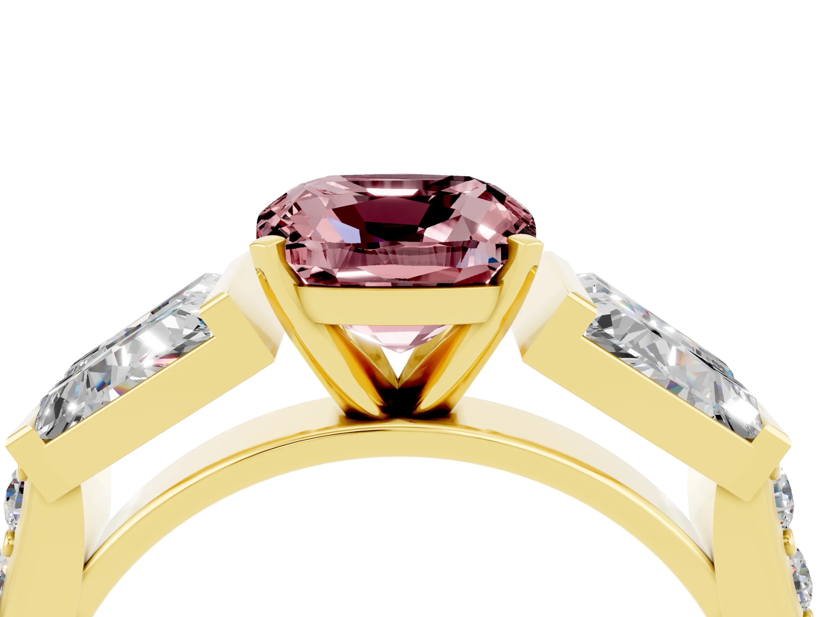 Yellow gold Cushion Cut Morganite Engagement Ring with Baguette Side Stones and Channel Set Band_4