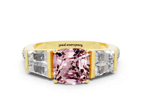 Yellow gold Cushion Cut Morganite Engagement Ring with Baguette Side Stones and Channel Set Band
