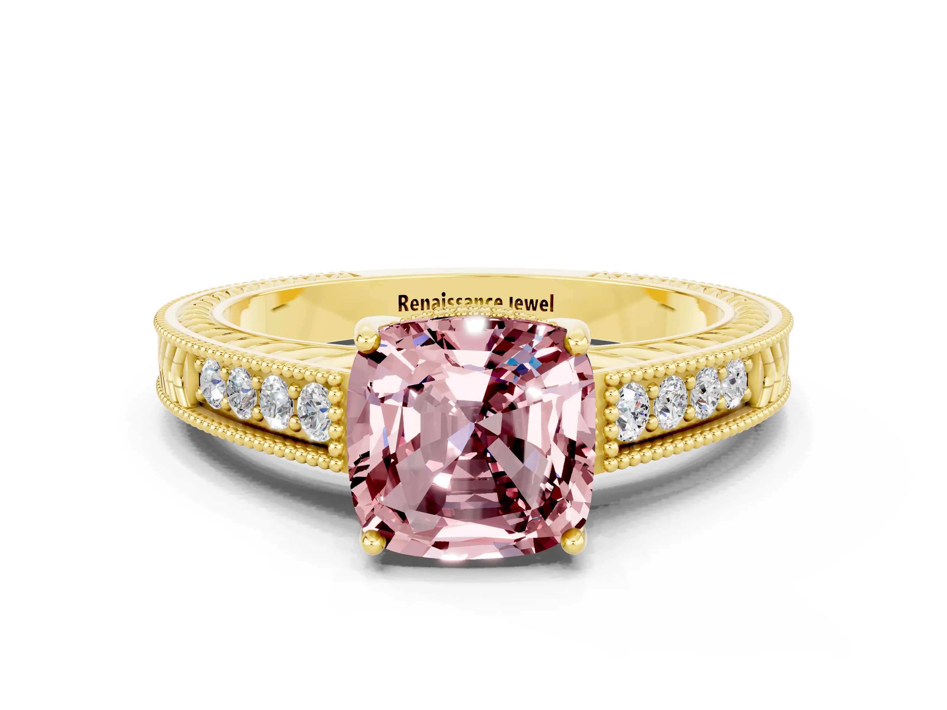 Yellow gold Cushion Cut Morganite Engagement Ring with Milgrain Channel Set Band and Prong Setting