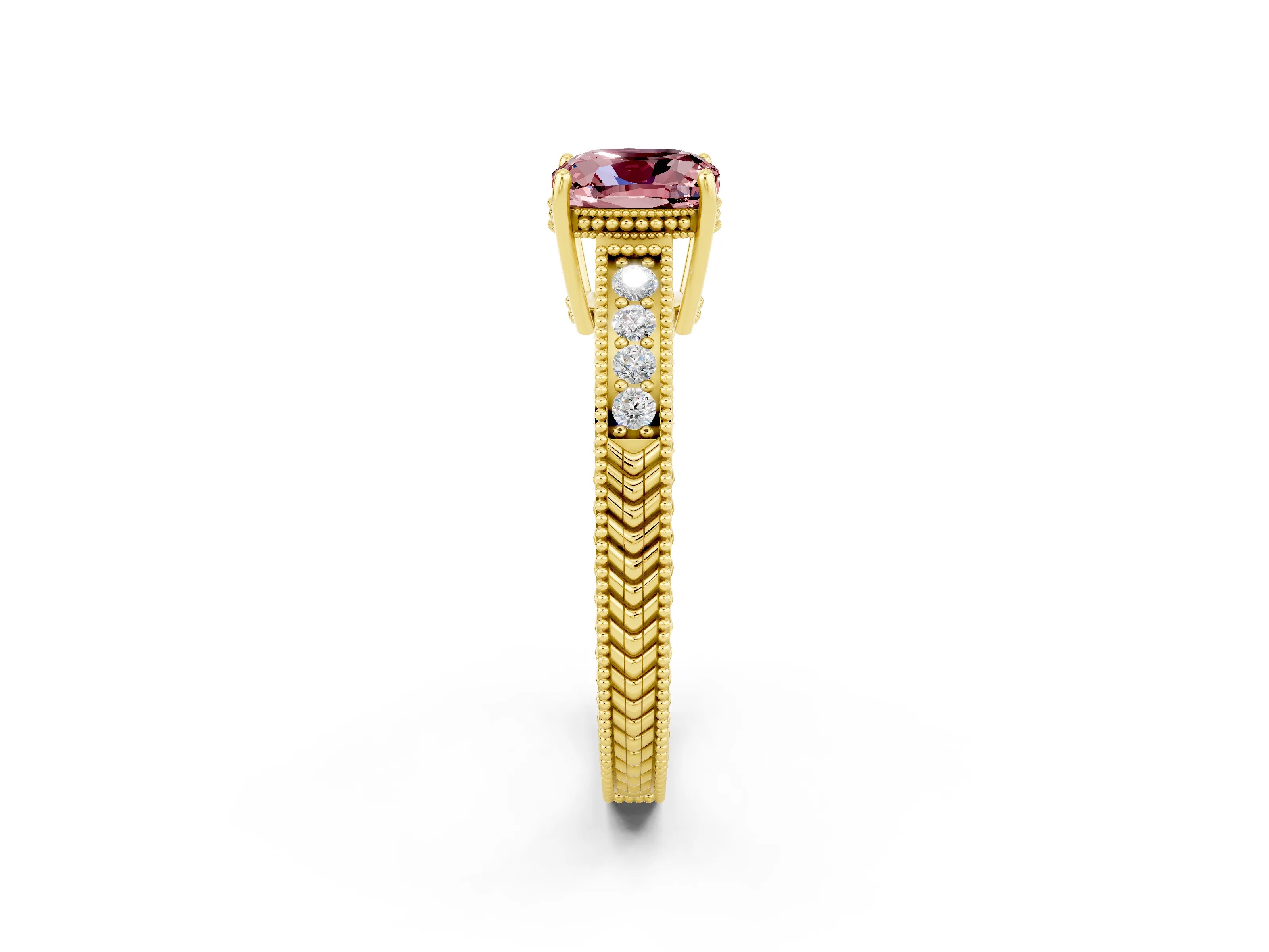 Yellow gold Cushion Cut Morganite Engagement Ring with Milgrain Channel Set Band and Prong Setting_2