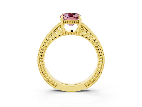 Yellow gold Cushion Cut Morganite Engagement Ring with Milgrain Channel Set Band and Prong Setting