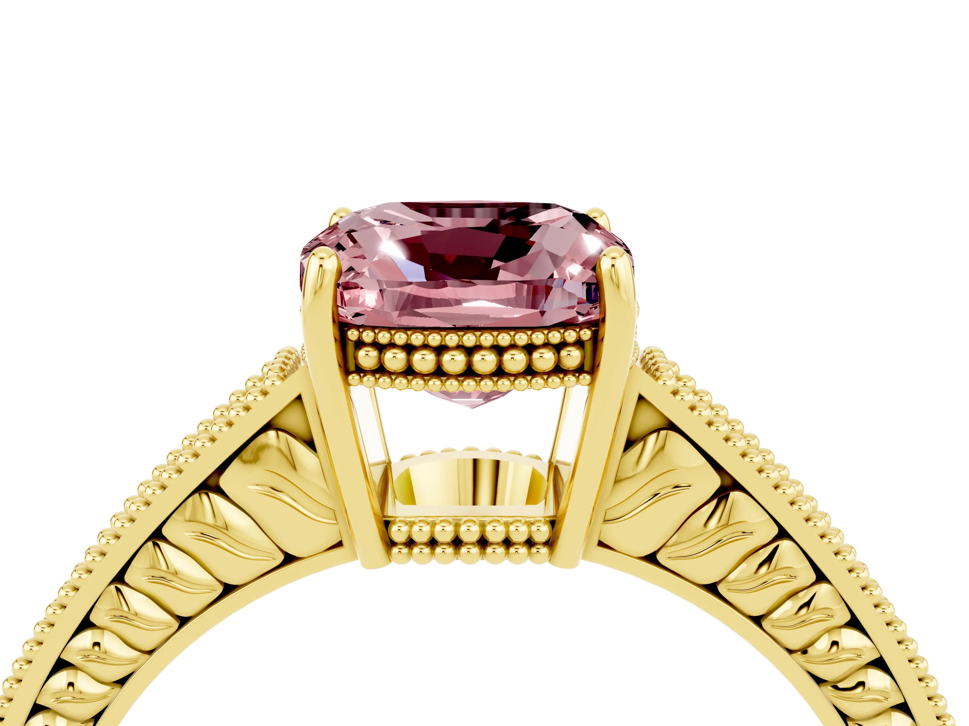Yellow gold Cushion Cut Morganite Engagement Ring with Milgrain Channel Set Band and Prong Setting_4