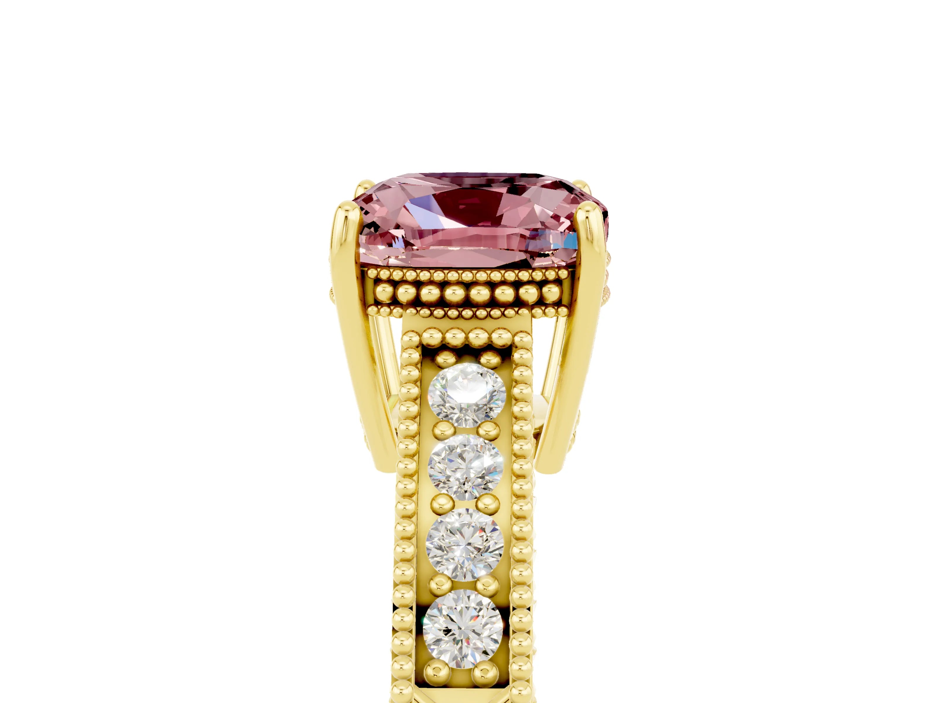 Yellow gold Cushion Cut Morganite Engagement Ring with Milgrain Channel Set Band and Prong Setting_5